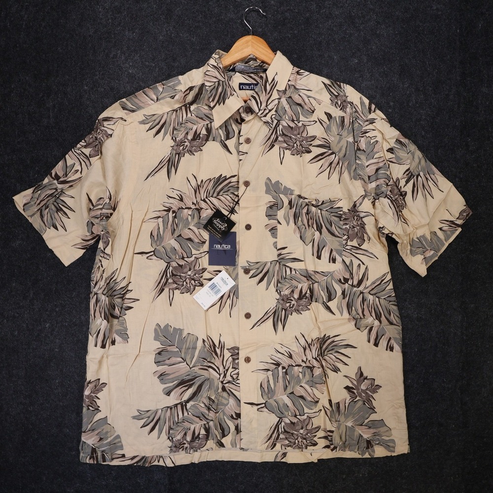 Nautica Button Up Shirt Mens XL Tan NEW Hawaiian Floral Tropical Rayon Vintage